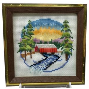 vintage handmade cross stitch rural barn sunset landscape framed preworked 6x6